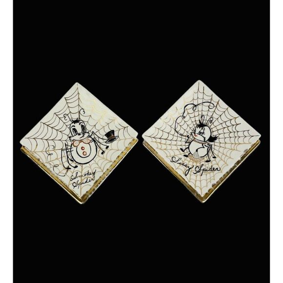RARE Vintage 1950s Signed Spider Plates Halloween Smokey Sissy Kitschy Gold Trim - Picture 1 of 12
